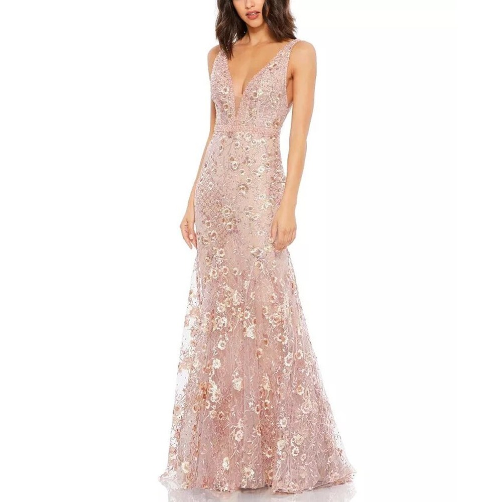 Mac Duggal Floral Embellished Sleeveless Plunge Neck Gown Rose Pink Size 10 NWT - Picture 2 of 13